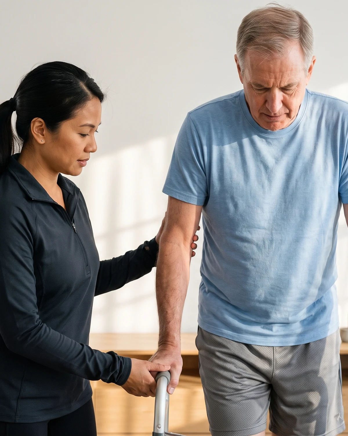 Therapist helping a senior patient stand and walk with a walker